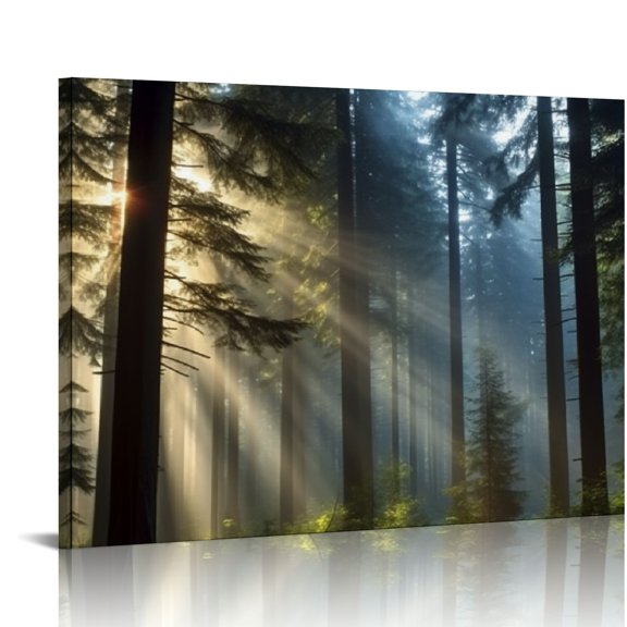 Pratyus Trees Fog Sunlight Beams Canvas Wall Decor For Bedroom Kitchen Pictures - Ready To Hang Art 16x12in