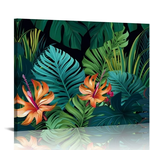 Pratyus Tropical Banana Leaves Canvas Artwork Green Palm Leaf Jungle Yellow Flowers Exotic Tropic Wall Hanging Decor 20x16in