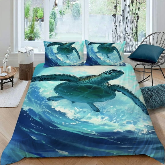 Pratyus Turtle Wave Ocean 3-Piece Bedding Set Lightweight and Soft Peach Skin Fabric Bedroom Guest Room 87x68in