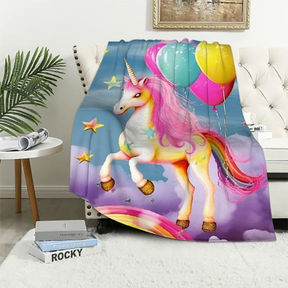 Pratyus Unicorn Rainbow Balloon Flannel Throw Blanket for Couch Sofa Bed Office Decor All Seasons Super Soft Blanket 60x80in