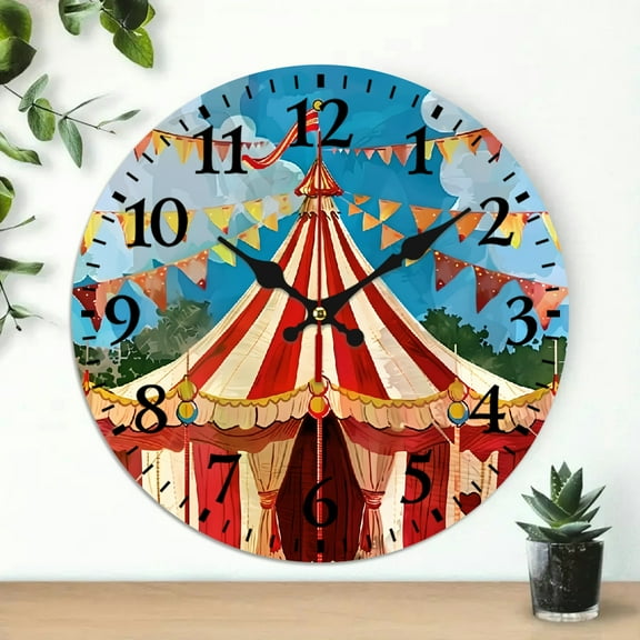 Pratyus Wall Clock Clown Circus Tent Flags Print Silent Mechanical Movement 10-Inch Decorative Clock for Living Rooms Kitchens Dorms 10x10in