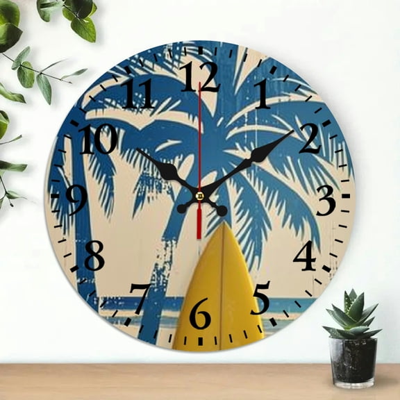 Pratyus Wall Clock Palm Trees Beach Surfboard Print Decor for Living Room 10 Inch Frameless Round Analog Silent Clock for Home 10x10in
