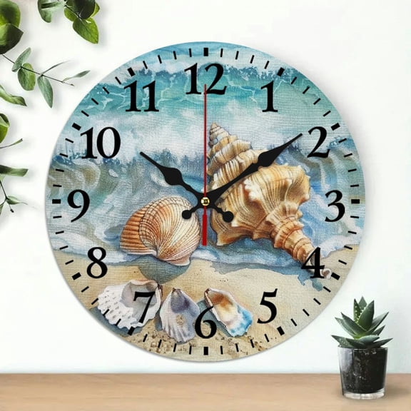 Pratyus Wall Clock Seashells Waves Watercolor Print Decor for Living Rooms & Kitchens, 10 Inch Frameless Round Analog Silent Clock 10x10in