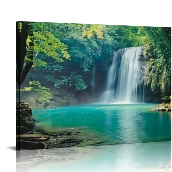 Pratyus Waterfall Forest Blue Pool Canvas Wall Decor For Bedroom Kitchen Art Pictures Ready To Hang 20x16in