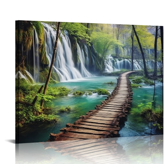 Pratyus Waterfall Wooden Path River Canvas Wall Decor for Bedroom and Kitchen Prints Art 16x12in