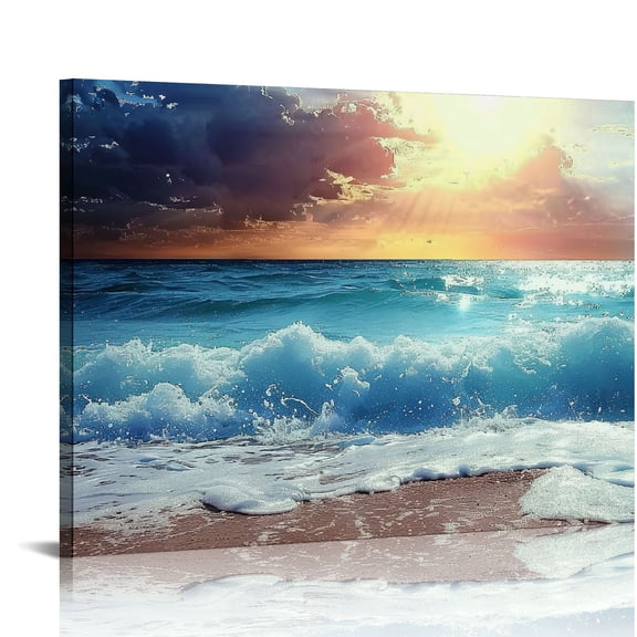 Pratyus Waves Sun Ocean Canvas Wall Decor for Home Bathroom Office Ready to Hang Art Decor 16x12in