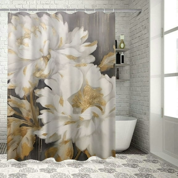 Pratyus White Flower Gold Leaves Printed Shower Curtain Easy Care 100% Polyester Fiber Set Bathroom Decoration with Hooks 69x72