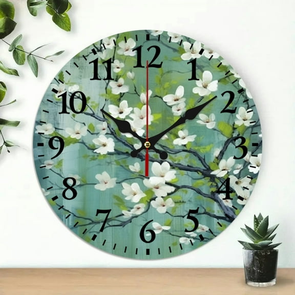 Pratyus White Flowers Wooden Wall Clock for Living Room Decor, 10 Inch Frameless Round Analog Clock, Silent Non-Ticking, Battery Operated 10x10in