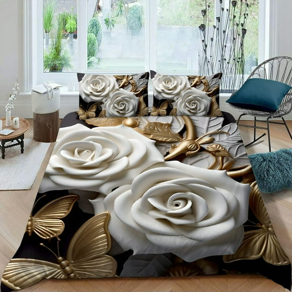 Pratyus White Rose Butterflies 3-Piece Bedding Set - Easy to Clean Peach Skin Fabric - Bedroom; Guest Room 87x68in