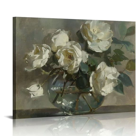 Pratyus White Roses Canvas Wall Art Decor Ready to Hang for Home and Office 16x12in