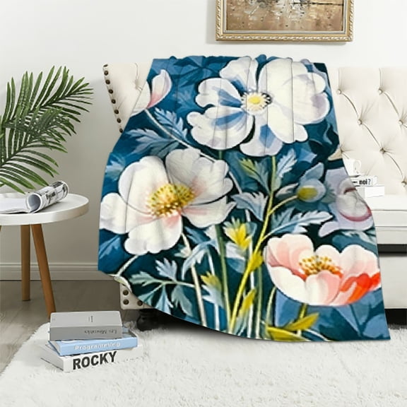 Pratyus White and Indigo Blue Floral Throw Blanket for All Seasons Soft Cozy Plush Bed Blanket Gifts for Women Children 40x50in