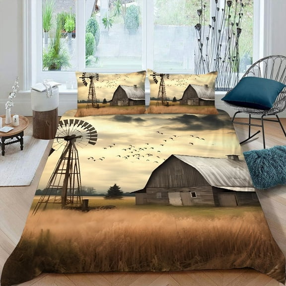 Pratyus Windmill Barn Birds 3-Piece Bedding Set (Single-Sided Print) Comfortable and Breathable Peach Skin Velvet Bedroom; Guest Room 87x68in