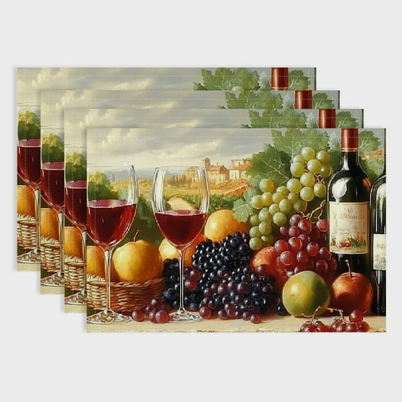 Pratyus Wine Fruits Table Mat Set of 4 Linen Placemats for Birthday Parties, Christmas, Restaurants, Buffets - Home Decoration 18x12in