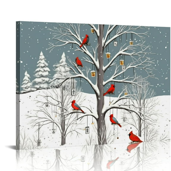 Pratyus Winter Canvas Artwork Snow Scene Red Birds with Christmas Tree Wall Art Home Decor for Living Room Bedroom Bathroom Dorm 16x12in