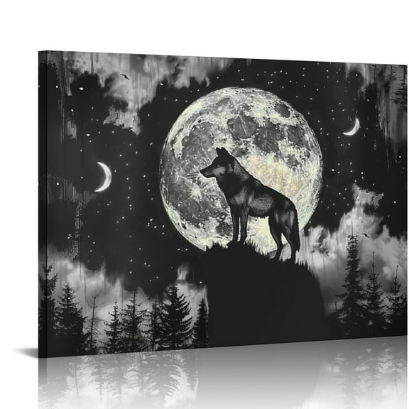 Pratyus Wolf Full Moon Gothic Art Canvas Wall Decor for Bedroom Kitchen Ready To Hang Fashion Pictures 16x12in