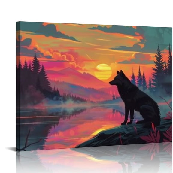 Pratyus Wolf Sunset Lake Canvas Wall Decor for Bathroom - Ready To Hang Room Home Art Decor - Ideal Gift for Home and Office 16x12in