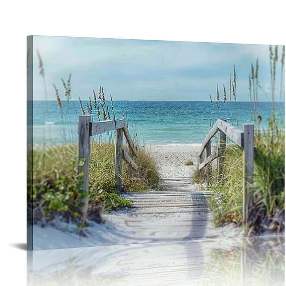 Pratyus Wooden Walkway Ocean Beach Canvas Wall Decor for Bathroom and Bedroom - Fashion Kitchen Wall Pictures, Ready To Hang Art Decor 16x12in