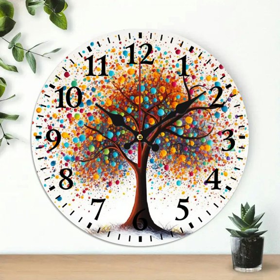 Pratyus Wooden Wall Clock Art & Language Colored Dots Print Wall Hanging Decor 10 Inches Frameless Round Analog Decorative Clock for Living Rooms Bedrooms Kitchens 10x10in