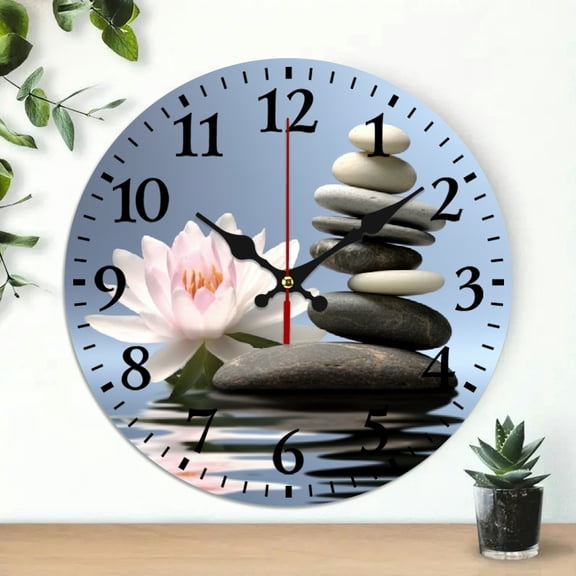 Pratyus Wooden Wall Clock Lily Print Wall Decor for Living Room 10 Inch Frameless Round Analog Clock Silent Non-Ticking Battery Operated Decorative Clock for Home Office Cafe Library 10x10in