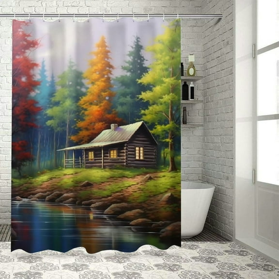 Pratyus Woods Stream Cabin Printed Shower Curtain Decor 100% Polyester Chic Modern Bathroom Decor with Hooks 60x72