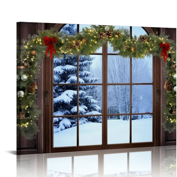 Pratyus Wreath Window Snowy Scene Canvas Wall Art Home Decor for Living Room Bedroom Kitchen Bathroom Office Hotel Salon Bar 20x16in