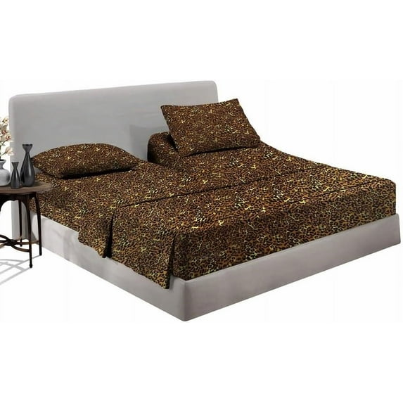 Pratyux Split Head CalKing Sheet Set - 1000-Thread Count 100% Egyptian Cotton - 4-PC Set - 15" Deep Pockets - 30" Split, Leopard Print