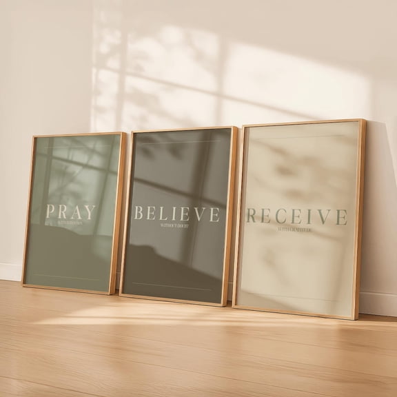 Pray Believe Receive Sage Green Wall Art Christian Minimalist Faith Decor Set 3 Stretched Canvas 8x12