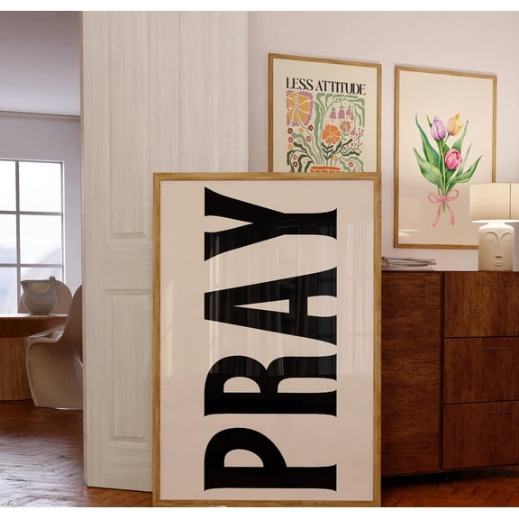 Pray Black Jesus Typography Minimalist Dorm Wall Art, Stretched Canvas 8x10in