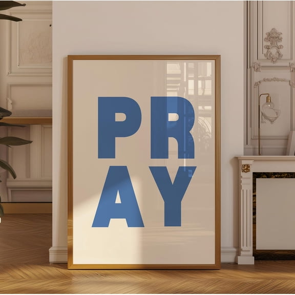 Pray Blue Christian Faith Typography Prayer Room Decor, Unframed Canvas 16x20in