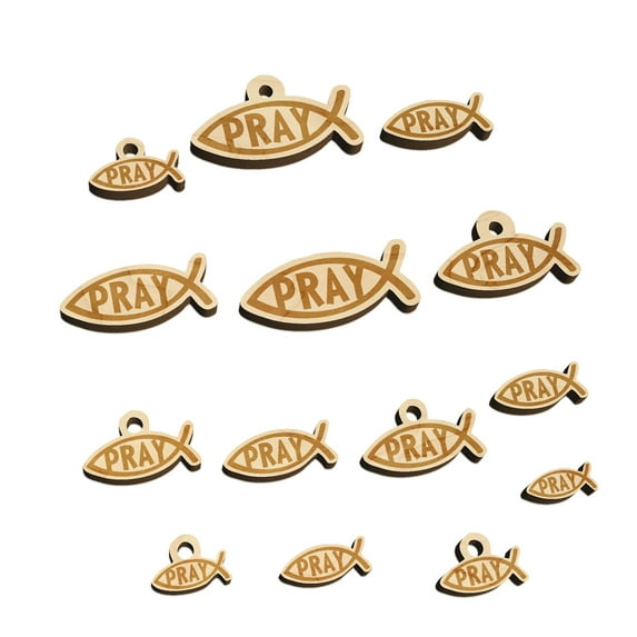 Pray Ichthys Fish Christian Sketch Wood Mini Charms Shapes DIY Craft Jewelry - No Hole - 30mm (6pcs)