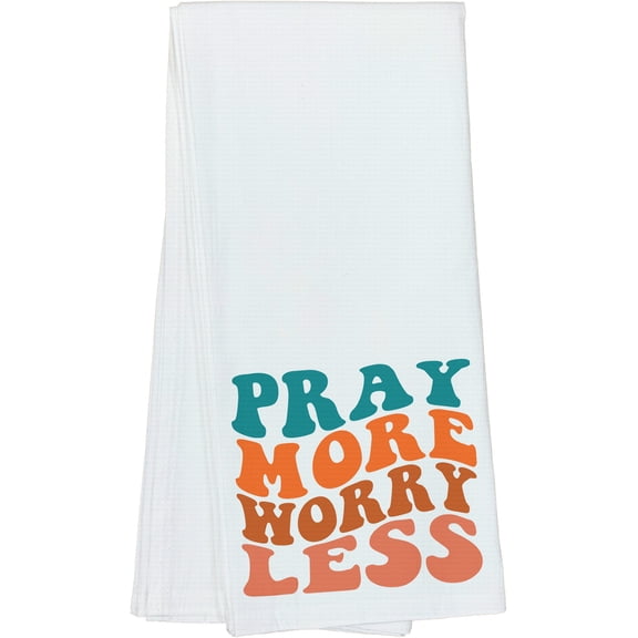 Pray More, Worry Less, Inspirational Quote About Prayer, Groovy Retro Wavy Text Merch Gift, Dish Towel, 16 x 25 IN