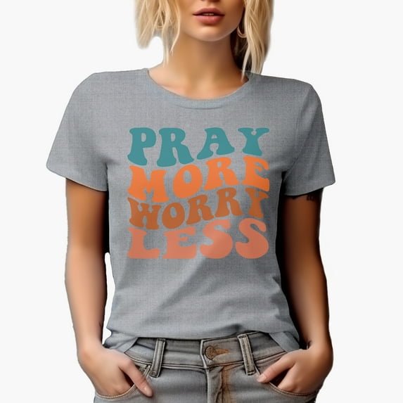 Pray More, Worry Less, Inspirational Quote About Prayer, Groovy Retro Wavy Text Merch Gift, Heather Grey T-Shirt, Large