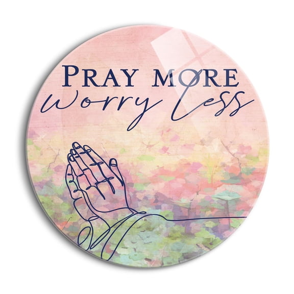 Pray More Worry Less Pink Pastels Hands 24 inch Glass Round Wall Hanging Sign