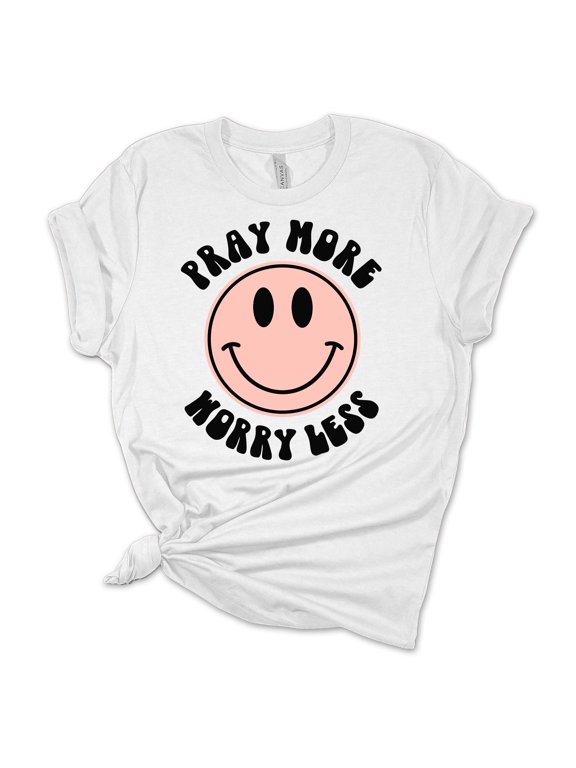 Pray More Worry Less Pink Smiling Face Unisex Ladies Design Christian T-shirt Graphic Tee-White-large