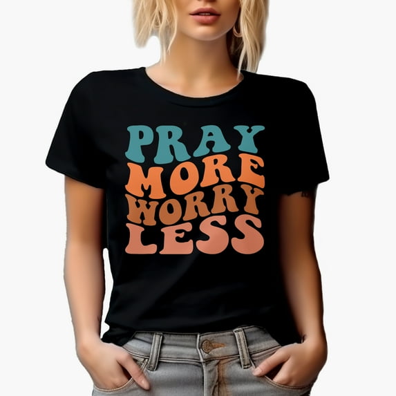 Pray More, Worry Less, Praying Quote, Groovy Retro Wavy Text Merch Gift, Black T-Shirt, 2XL