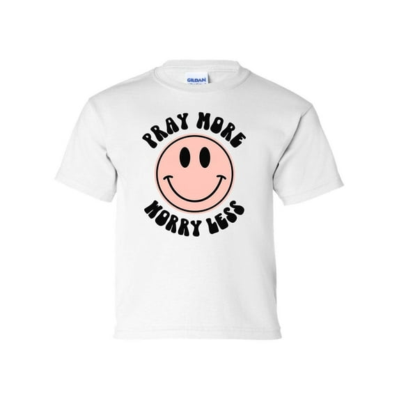 Pray More Worry Less Smiling Face Youth Kids Christian T-shirt Graphic Tee Graphic Tee-White-large