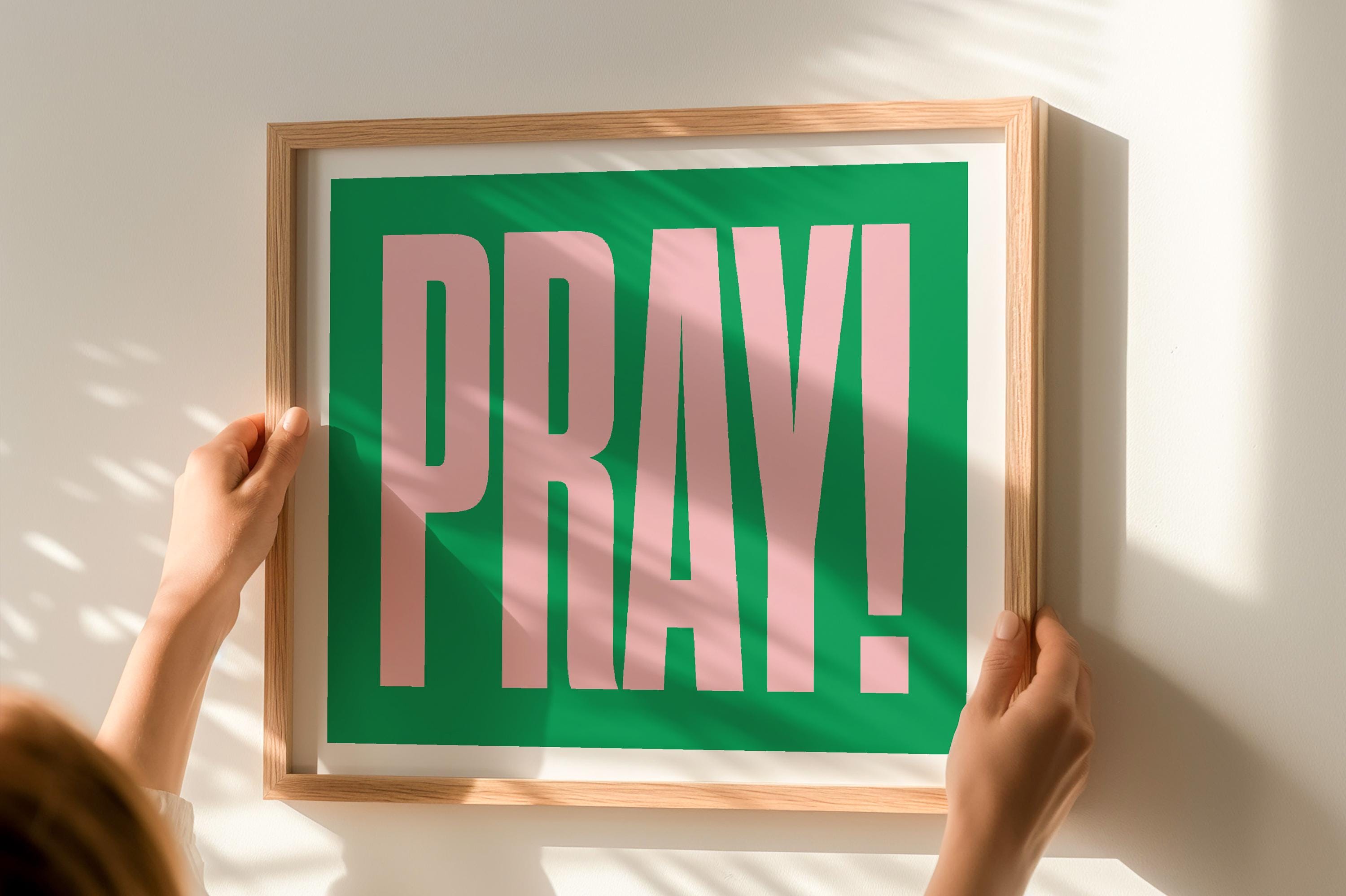 Pray Poster - Christian Wall Art, Jesus Print Horizontal (Pink/Green ...
