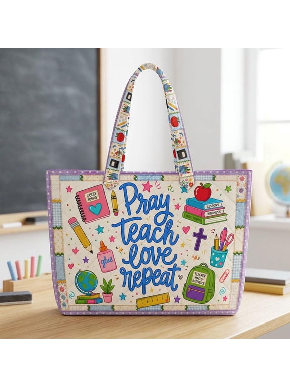 Pray Teach Love Repeat Quilted Tote Bag, Christian Teacher Tote, Colorful School Book Bag, Teacher Appreciation Gift