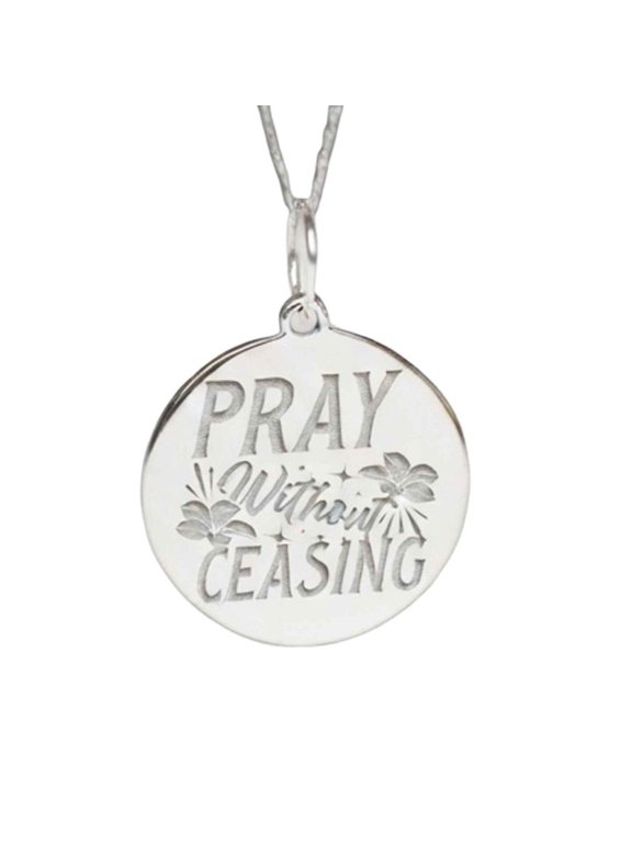 Pray Without Ceasing Engraved Pendant Necklace, Sterling Silver Plated Brass Round Jewelry with 18 Inch Cable Chain, 28mm Engraved Design Pendant for Men & Women