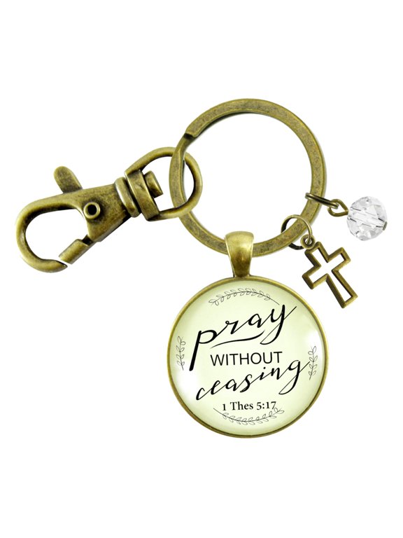 Pray Without Ceasing Faith Prayer Cross Gutsy Goodness Bronze Keychain Christian Jewelry