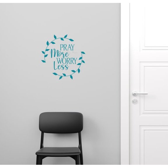 Pray More Worry Less Vinyl Wall Decal – Inspirational Christian Quote with Circle Floral Wreath Design, Removable Vinyl Wall Art for Home, Living Room, Bedroom, or Office Décor, 18x18-Inch, Teal