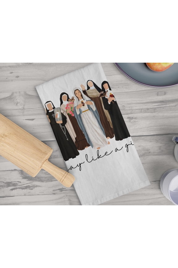 Pray like a Girl Tea Towel Custom Religious Kitchen Decor Catholic Mom and Grandma Gift