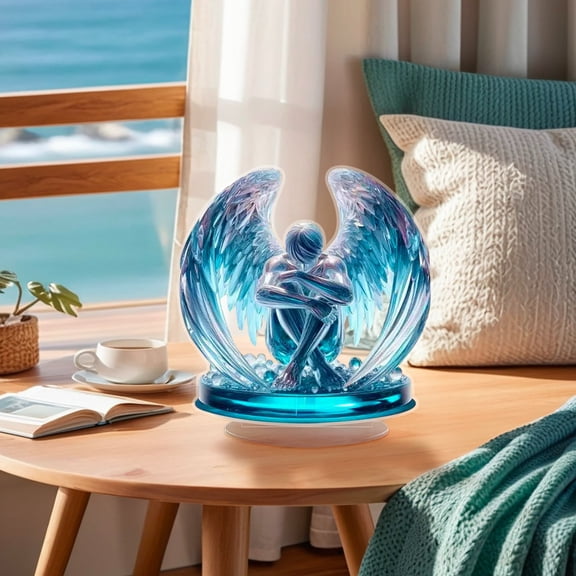 Prayer Angel Figurine, Durable 2D Acrylic Praying Angel Statue Guardian Memorial with Serene for Desk and Living Room Decoration(Blue, 8.27x7.7in)
