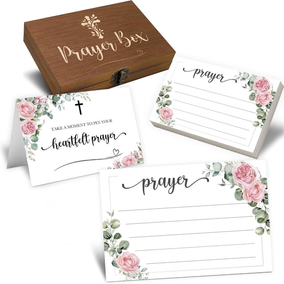 Prayer Box With Cards To Write - 50 Blank Prayer Cards & Request Card Box Set, Gratitude God Box for First Communion, Personal Faith, Worship & Reflection(Rose) A03