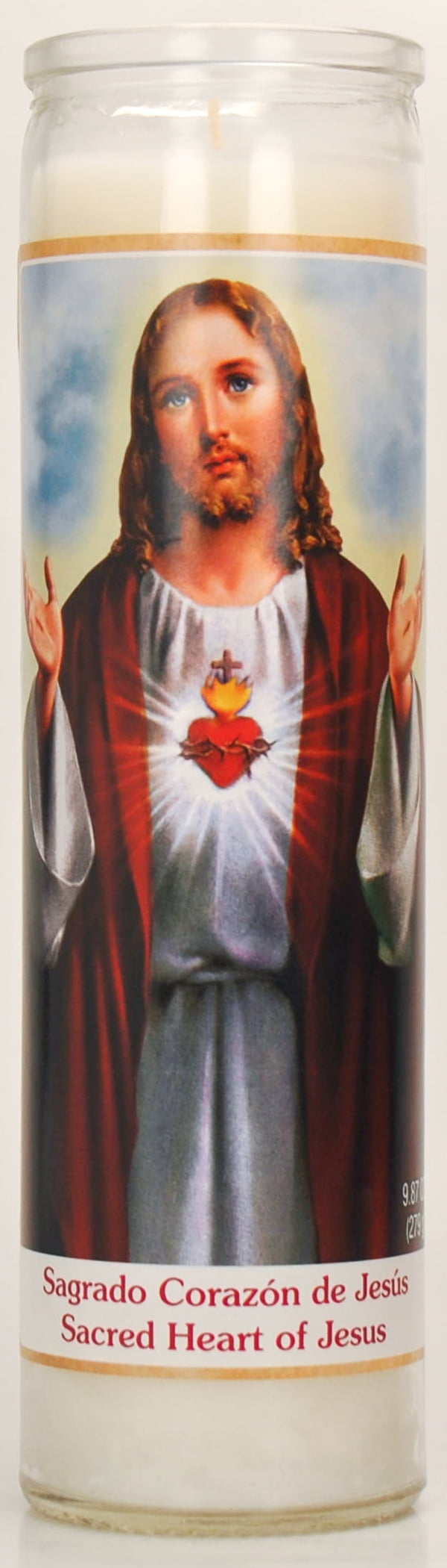 Prayer Candle Sacred Heart White Wax, 8 inch Religious Candle