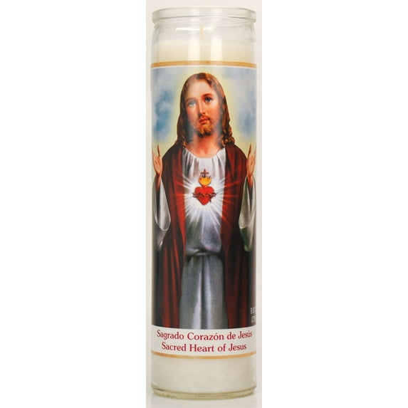 Prayer Candle Sacred Heart White Wax, 8 inch Religious Candle