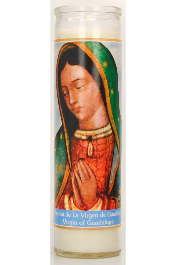 Prayer Candle V Guadalupe Replica White Wax, 8 Inch