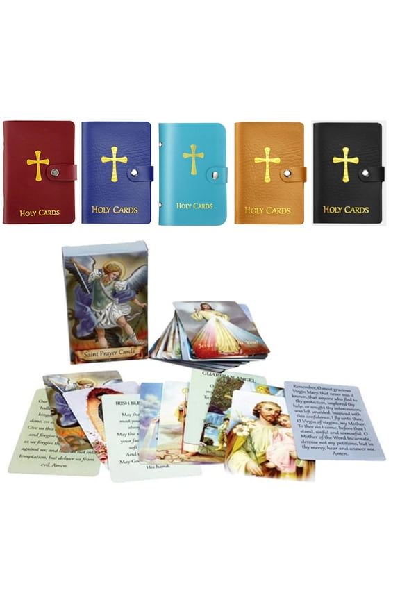 Prayer Card Holder with Cross Embossed, Holds 40 Cards Plus 54 Assorted Saint Cards, Compact Leatherette Wallet for Church & Travel Devotion