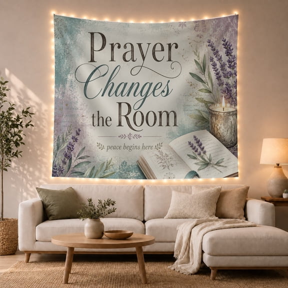 Prayer Changes The Room Text On Distressed Lavender Background Serene Rustic for Meditation Enthusiasts Botanical Wall Art Housewarming Gift Tapestry Wall Hanging for Bedroom and Meditation Room