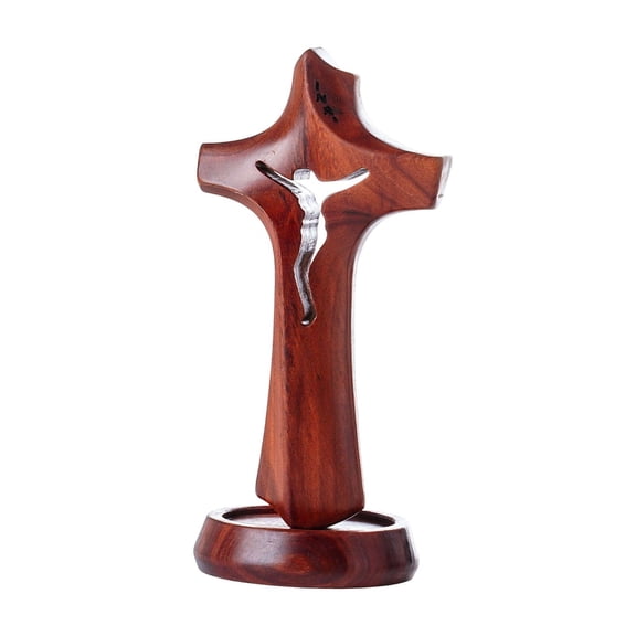 Prayer Cross Statue Table Decor Jesus Sculpture Wooden Craft with Base for Bookshelf Home Living Room